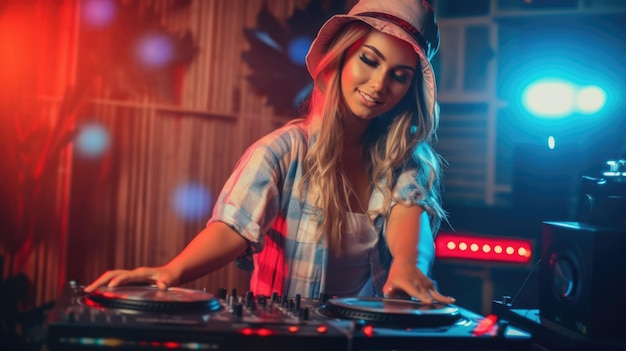 格子縞のシャツと帽子をかぶった幸せな DJ 女性がクラブ パーティーで音楽を演奏して楽しんでいます。 ジェネレーティブ AI AIG30