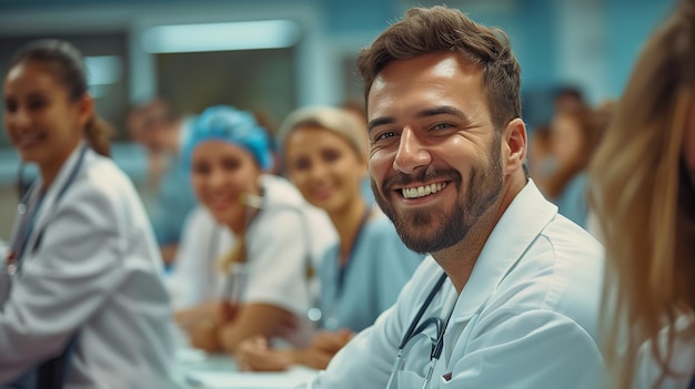 Photo a happy doctor among a group of doctor smiling a fresher new in this sector concept generative ai