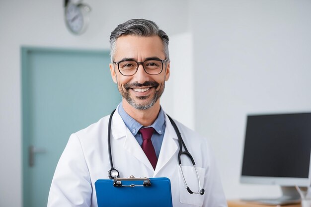 Photo happy doctor holding a clipboard