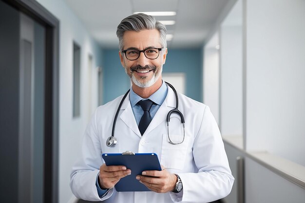 Photo happy doctor holding a clipboard