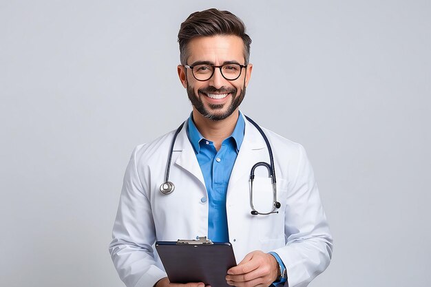 Photo happy doctor holding a clipboard