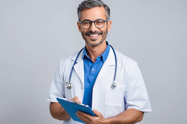 Happy doctor holding a clipboard