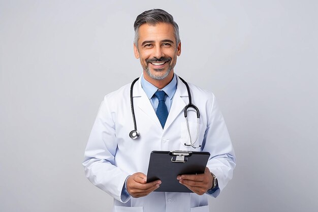 Happy doctor holding a clipboard