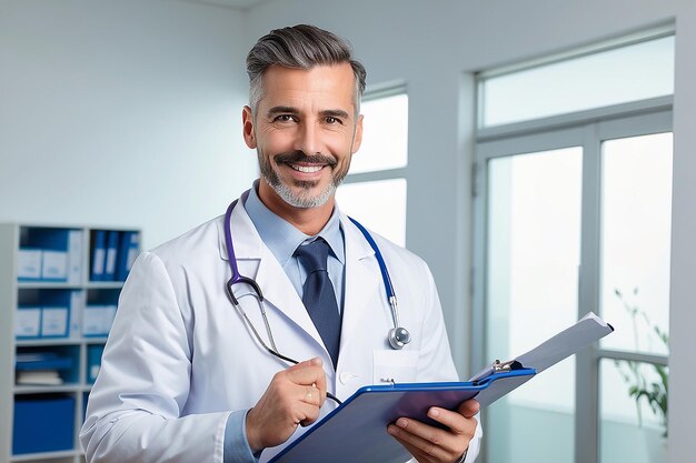 Photo happy doctor holding a clipboard