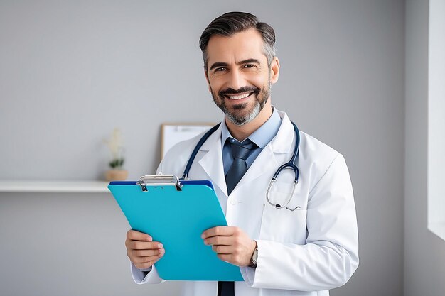 Happy doctor holding a clipboard