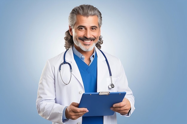 Photo happy doctor holding a clipboard