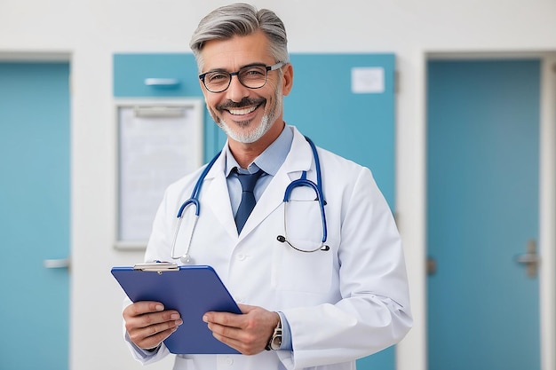 Photo happy doctor holding a clipboard