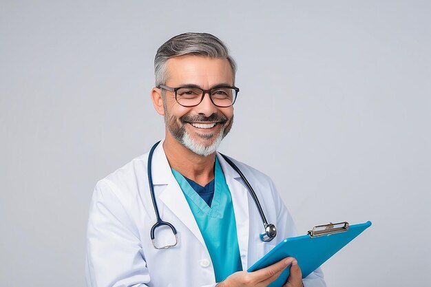 Photo happy doctor holding a clipboard