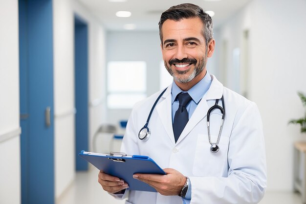 Happy doctor holding a clipboard