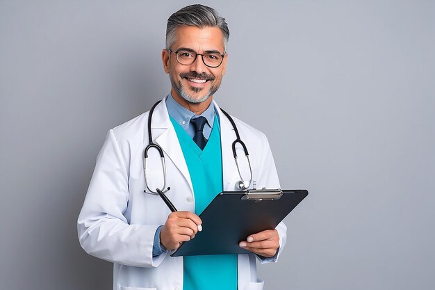 Happy doctor holding a clipboard