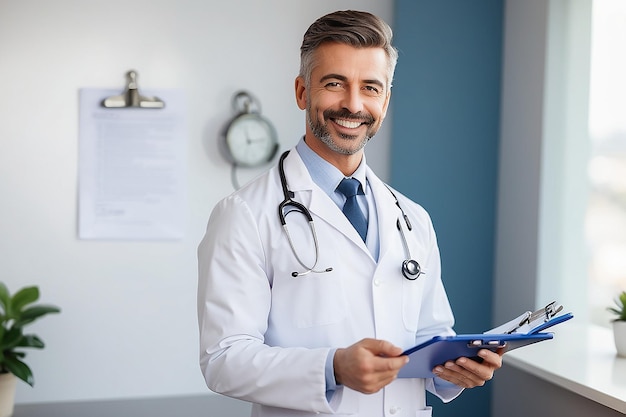 Photo happy doctor holding a clipboard