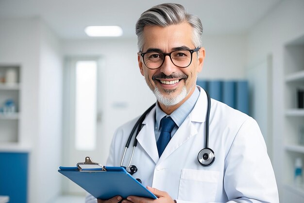 Photo happy doctor holding a clipboard