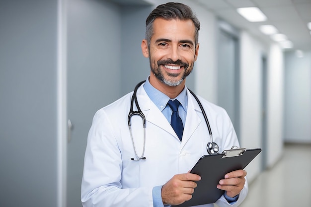 Happy doctor holding a clipboard