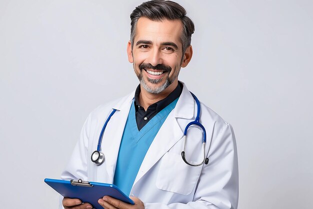 Photo happy doctor holding a clipboard