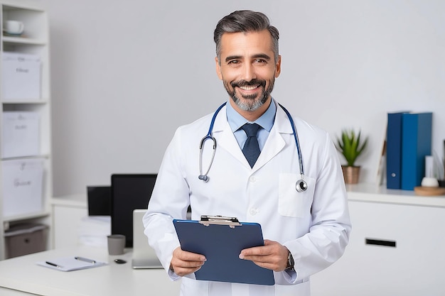 Photo happy doctor holding a clipboard