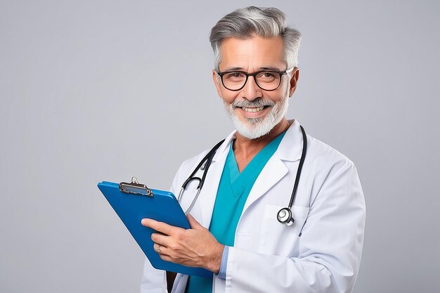 Photo happy doctor holding a clipboard