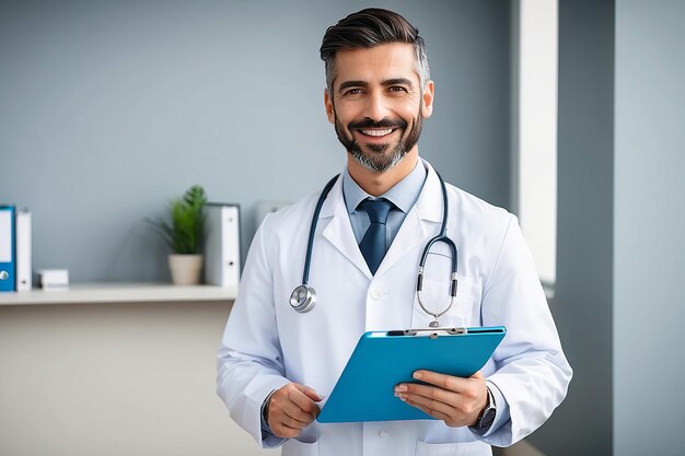 Happy doctor holding a clipboard