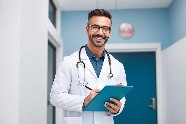 Photo happy doctor holding a clipboard
