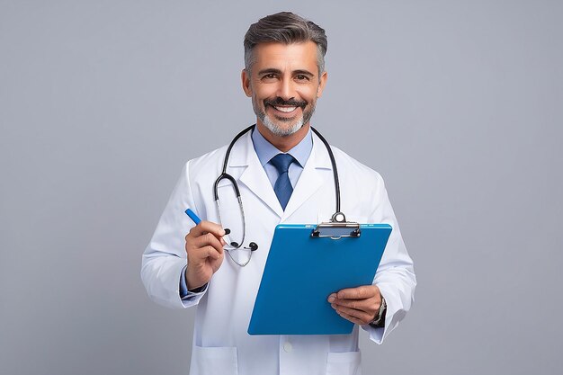 Photo happy doctor holding a clipboard