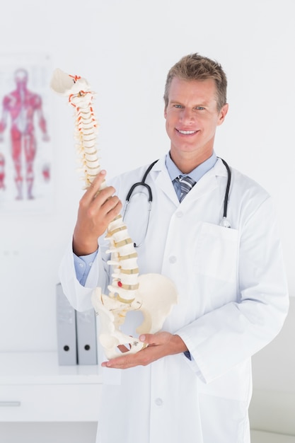 Happy doctor showing anatomical spine 