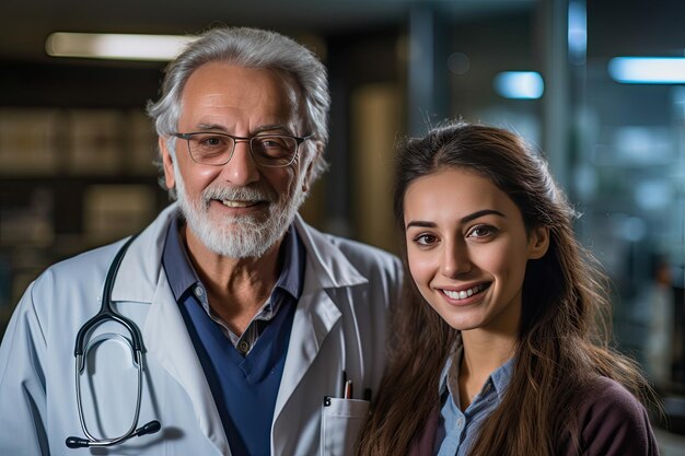 A happy doctor with a beautiful nurse in a hospital Generative AI