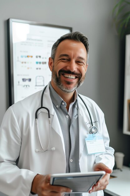 Фото Счастливый доктор с цифровым планшетом в медицинском кабинете