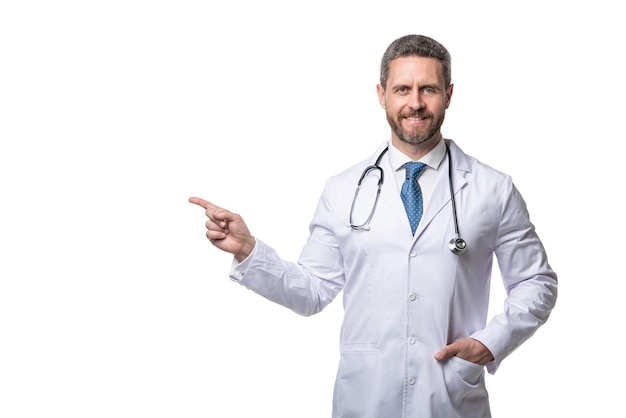 Happy doctor with stethoscope doctor isolated on white medical doctor point finger on background