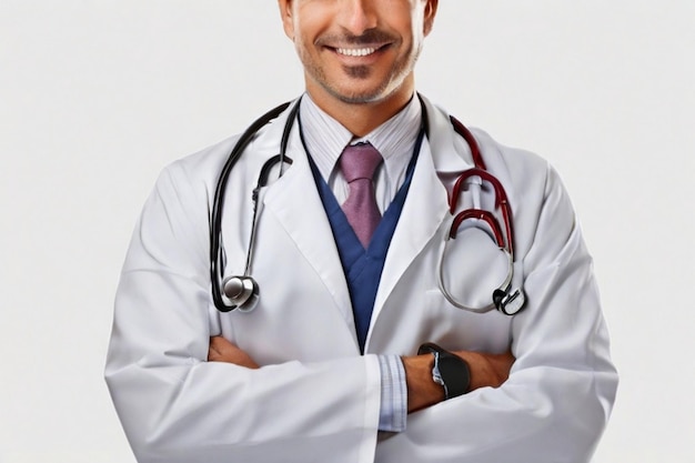 Happy doctor with a stethoscope in white background