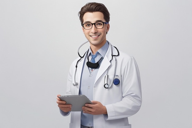 Happy doctor with a stethoscope in white background