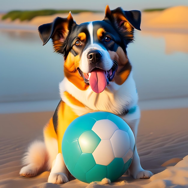 Happy dog at beach with ball