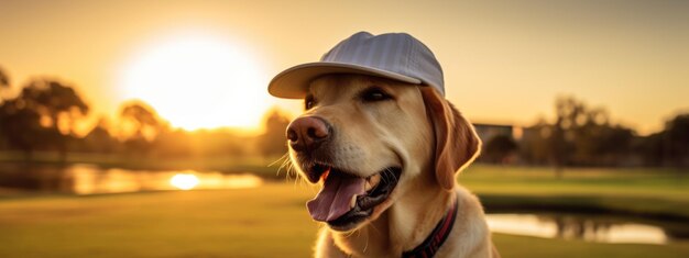 Happy dog in a cap with a field in the background