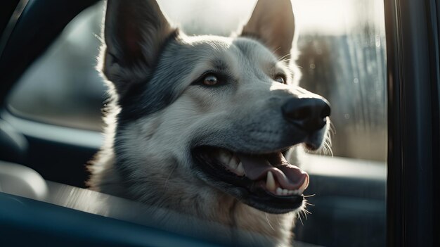 Happy dog in the car window photorealistic Al generated