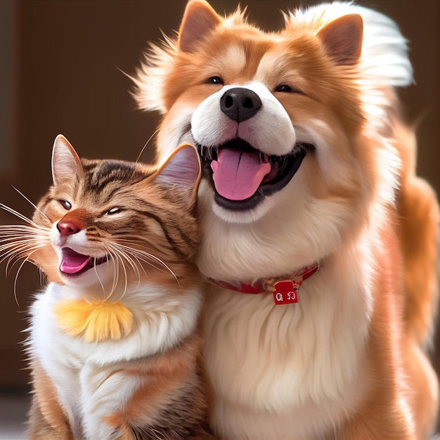 Happy dog and cat friends posing together