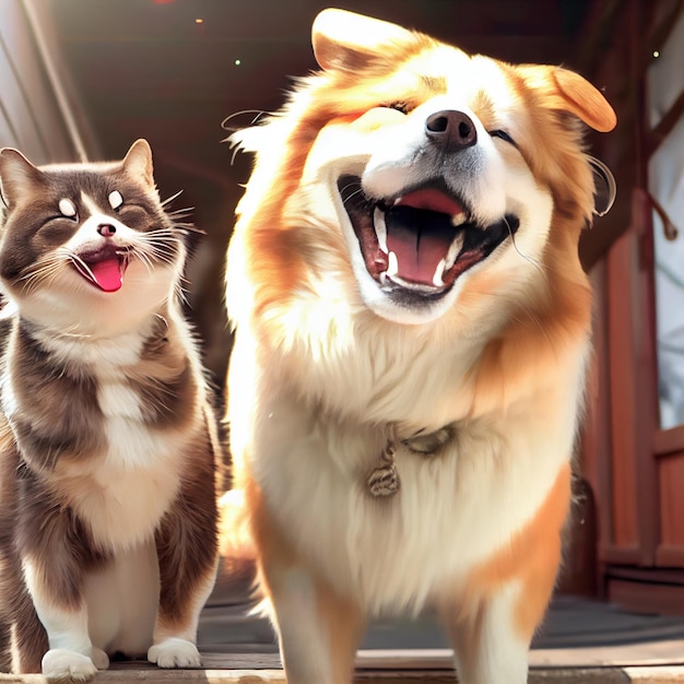 Happy dog and cat friends posing together