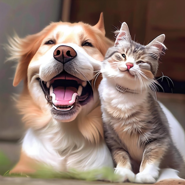 Счастливые друзья собаки и кошки позируют вместе