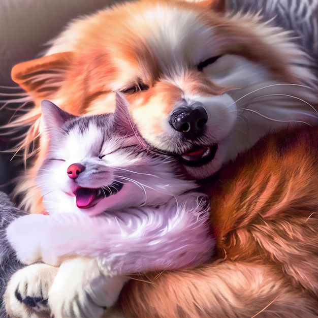一緒に寝ている幸せな犬と猫の友達