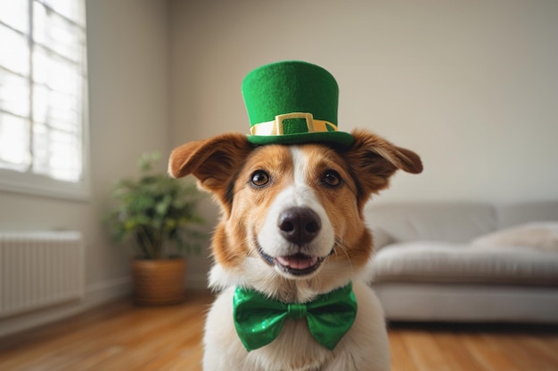 Happy dog celebrating St Patricks Day closeup A young dog in a leprechaun hat St Patricks Day theme concept Copy space