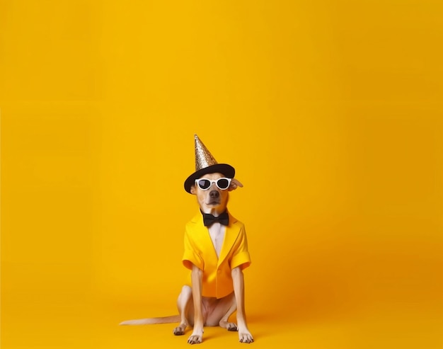 Happy dog day with a dog wearing party hat glasses and copy space background