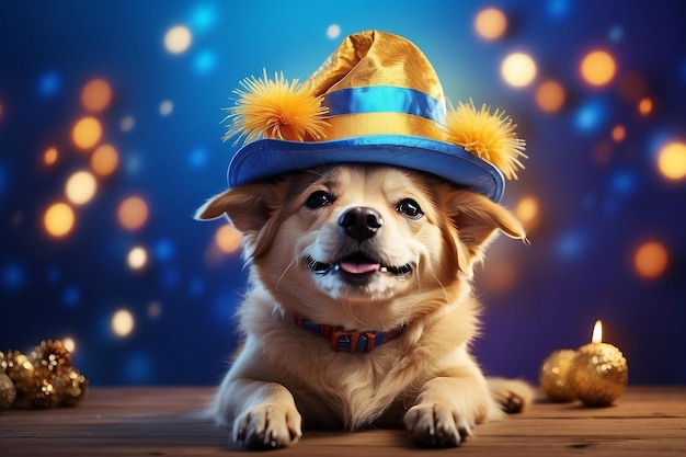 Foto un cane felice che si diverte con un cappello per la festa di capodanno