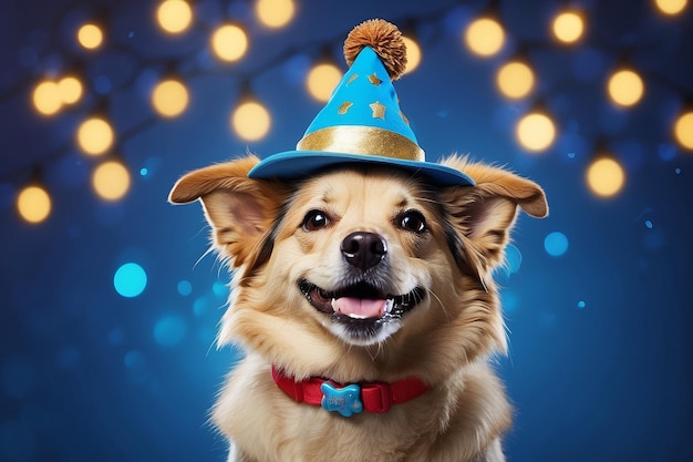 Foto un cane felice che si diverte con un cappello per la festa di capodanno