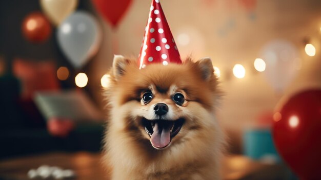 Happy dog in festive cap celebrates birthday at home Created with Generative AI technology