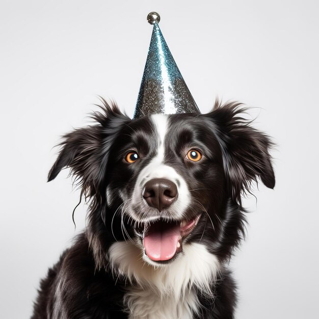 Foto cane felice con un berretto festivo carta di auguri di compleanno