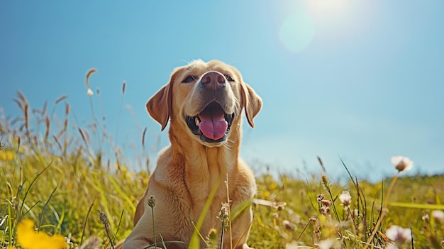 草原の花の中の幸せな犬