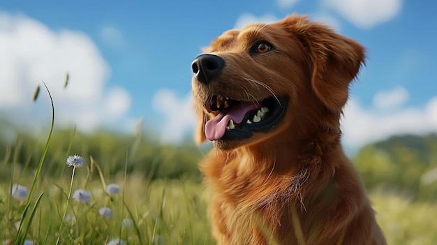 草原の花の中の幸せな犬
