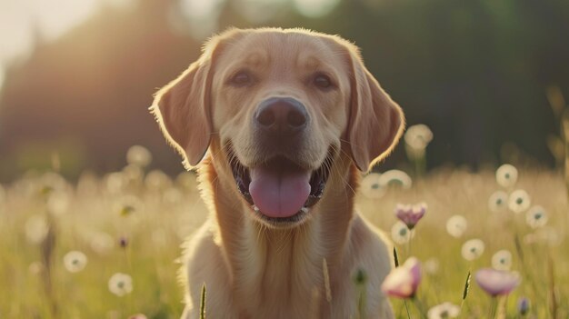 草原の花の中の幸せな犬