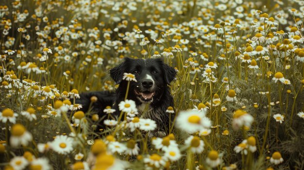 Photo a happy dog in flowers the pet is smiling field camomiles