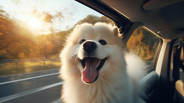 写真 車の窓から頭を出して楽しんでいる幸せな犬