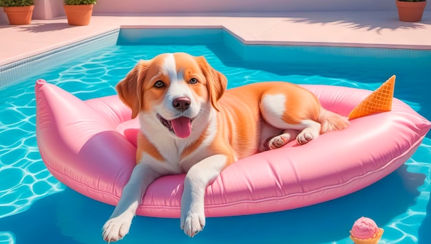 Happy dog on holiday in the pool Cute dog swimming on a mattress in the pool