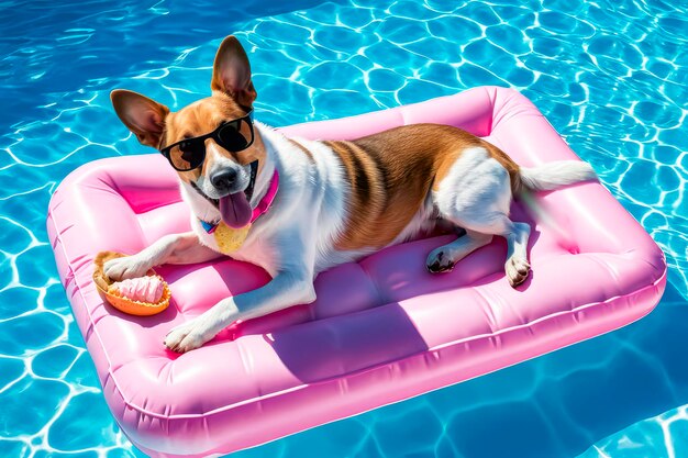 Happy dog on holiday in the pool Cute dog swimming on a mattress in the pool