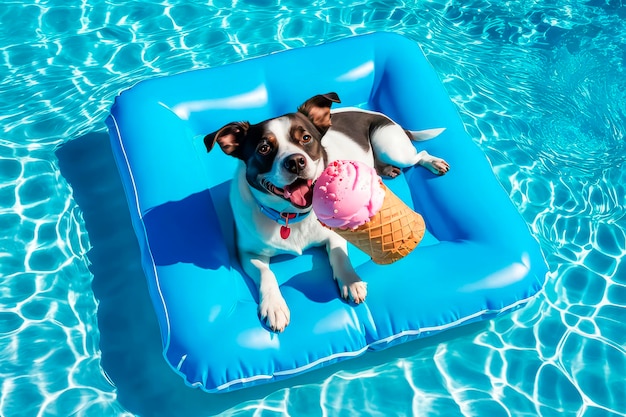 プールで休暇を過ごしている幸せな犬 プールのマットレスで泳いでいる可愛い犬